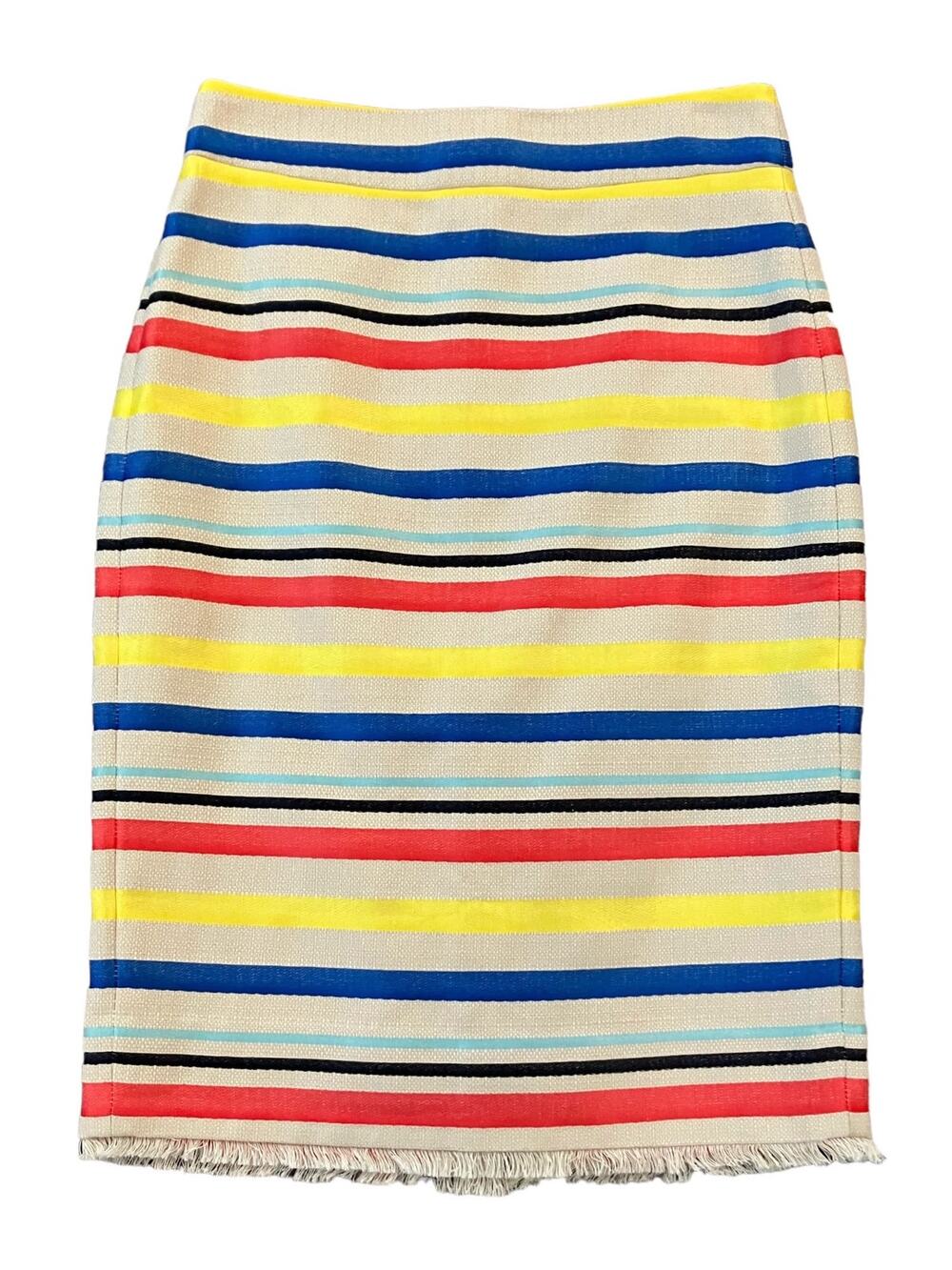 J. CREW Women's Rainbow Colorful Jacquard Striped Fringe Pencil Style Skirt SZ 2